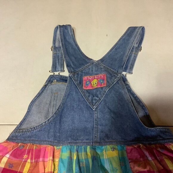 Vtg Girl's Dress Jumper Looney Tunes Tweety Bird Denim Jean Plaid Floral Sz 12 - Picture 3 of 8
